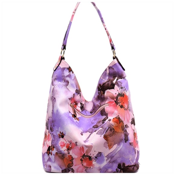 1LEFT Flower Printed Shoulder Bag Hobo Purple - Picture 3 of 7